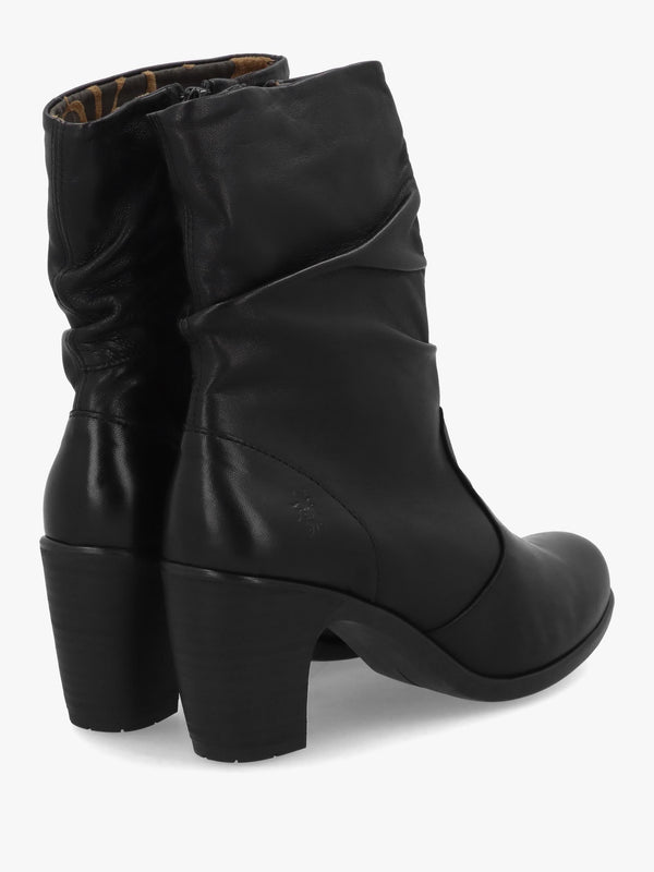 Klei Black Leather Rouched Block Heel Ankle Boots