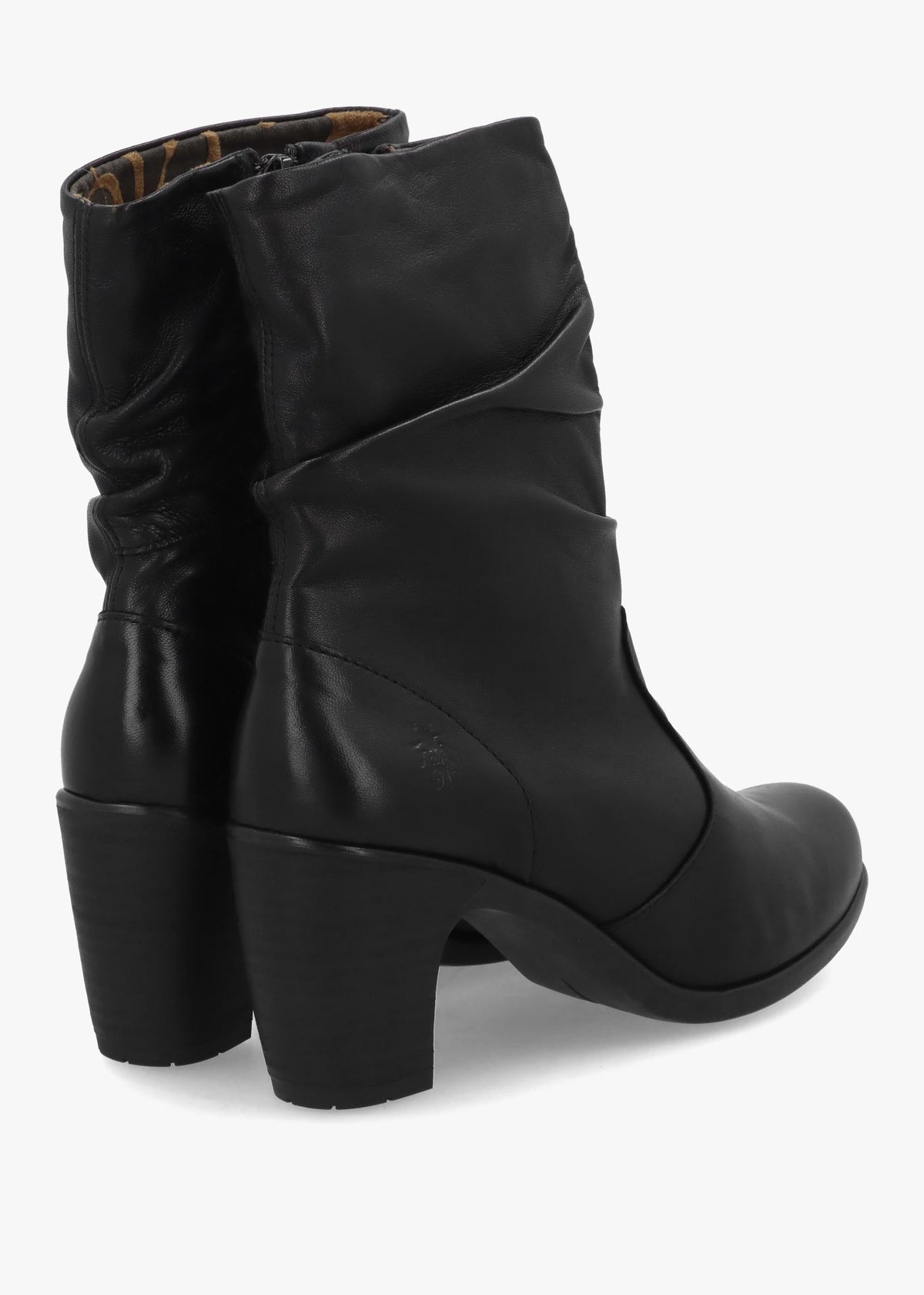 Klei Black Leather Rouched Block Heel Ankle Boots