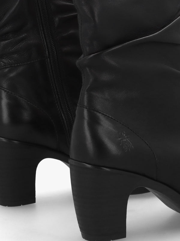 Klei Black Leather Rouched Block Heel Ankle Boots