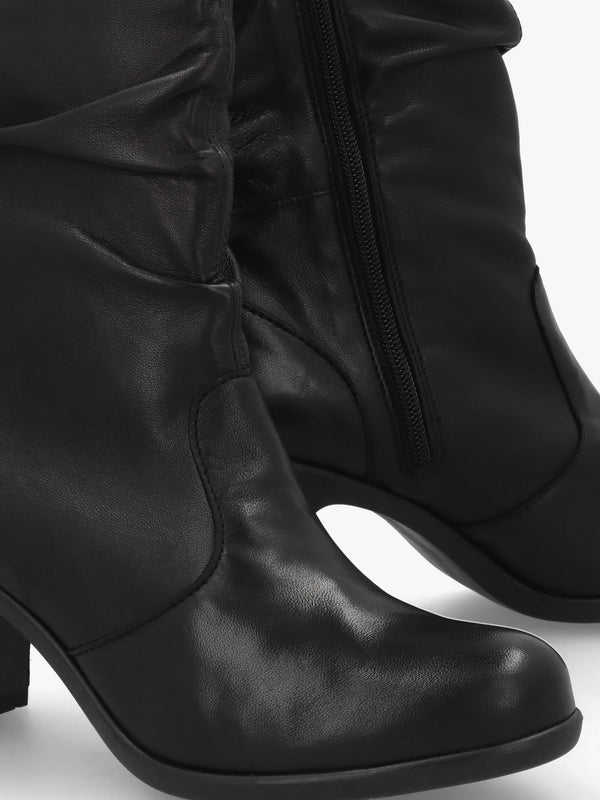 Klei Black Leather Rouched Block Heel Ankle Boots