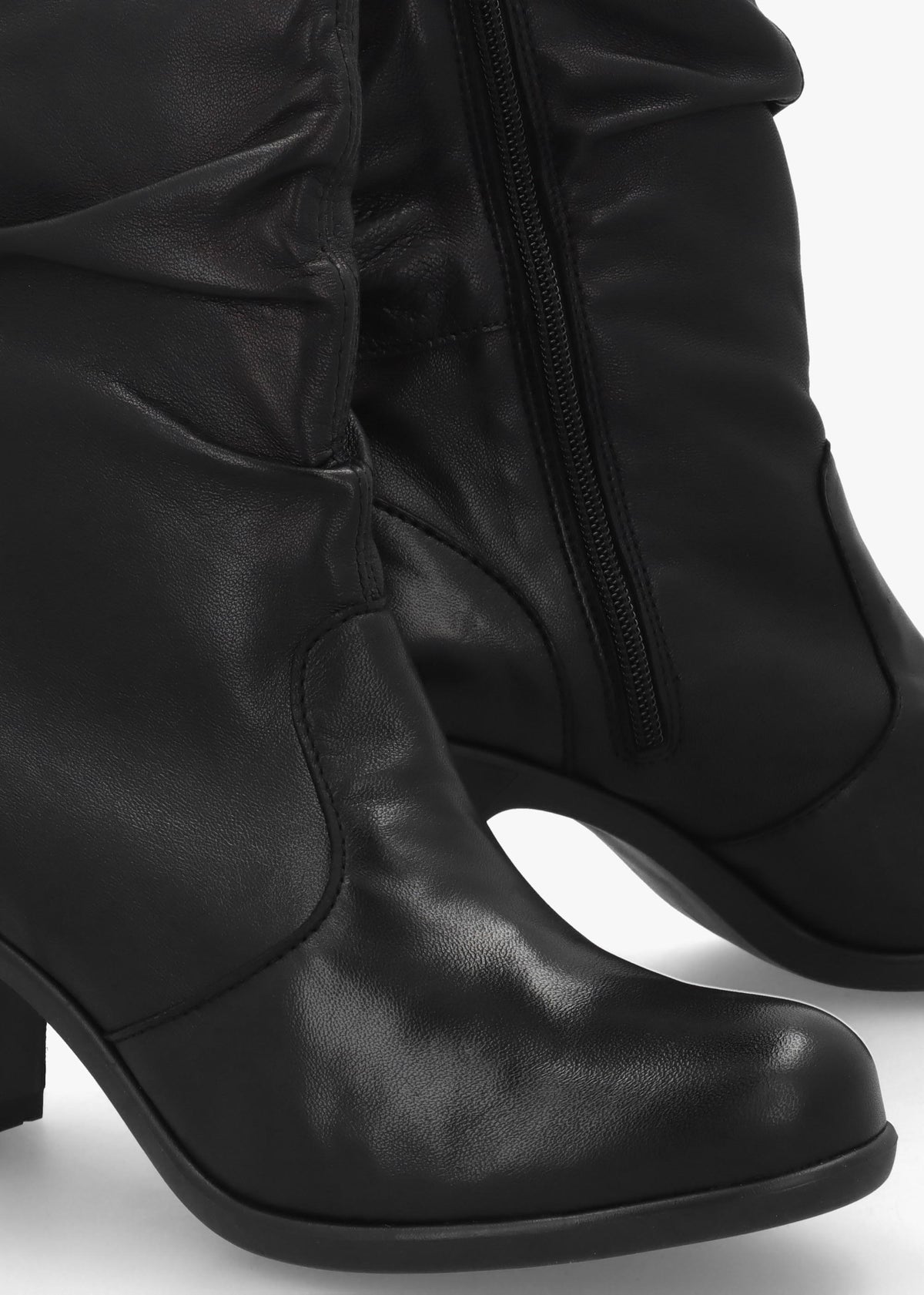 Klei Black Leather Rouched Block Heel Ankle Boots