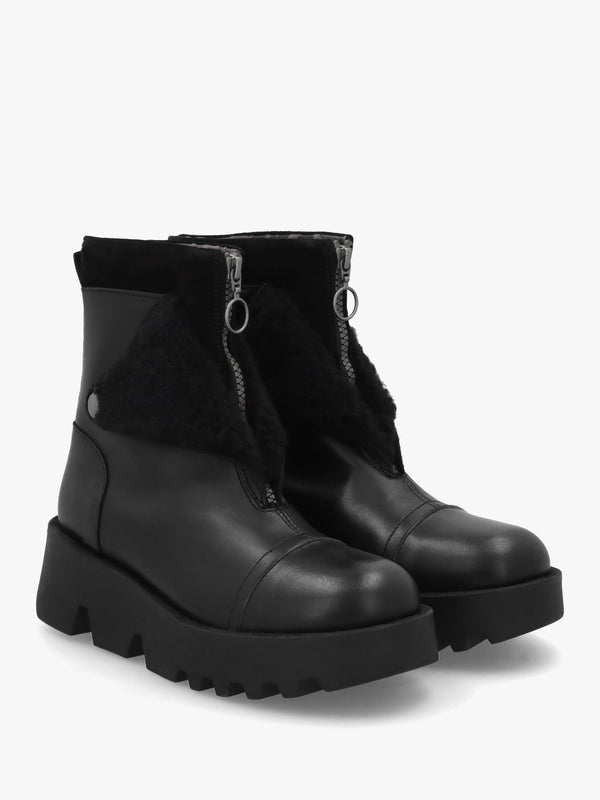 Zufe Black Leather Chunky Ankle Boots