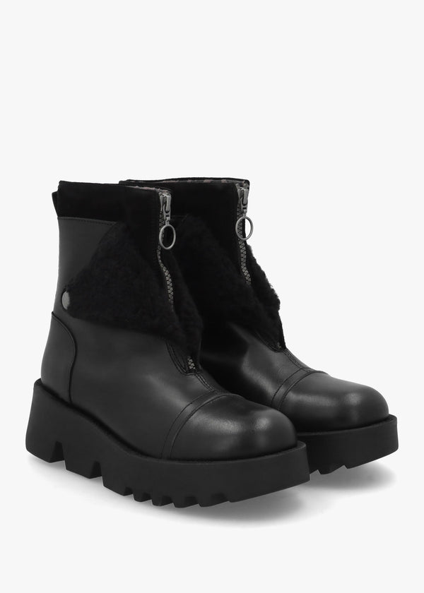 Zufe Black Leather Chunky Ankle Boots