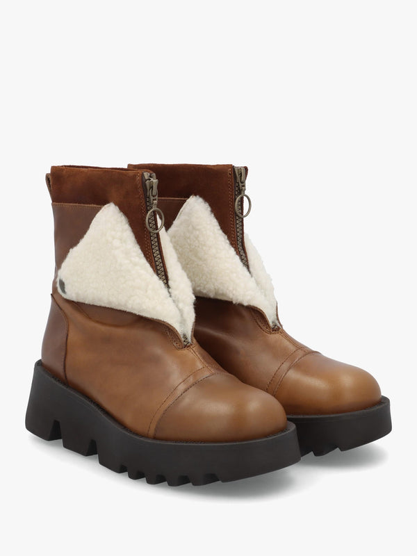Zufe Camel Beige Leather Chunky Ankle Boots