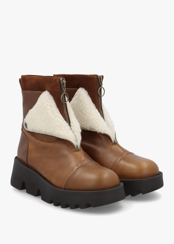 Zufe Camel Beige Leather Chunky Ankle Boots