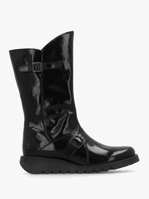 Mes II Black Patent Leather Low Wedge Calf Boots