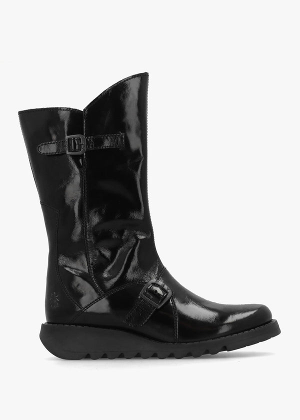 Mes II Black Patent Leather Low Wedge Calf Boots