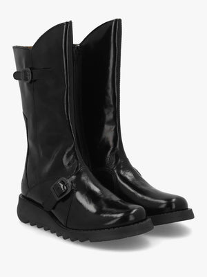 Mes II Black Patent Leather Low Wedge Calf Boots