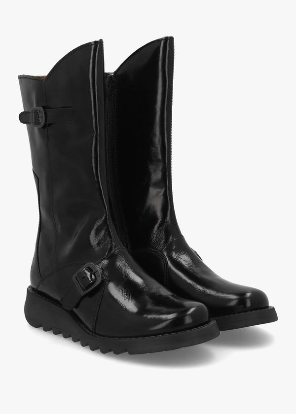 Mes II Black Patent Leather Low Wedge Calf Boots