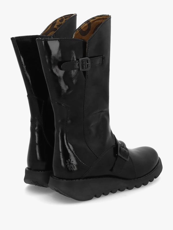 Mes II Black Patent Leather Low Wedge Calf Boots