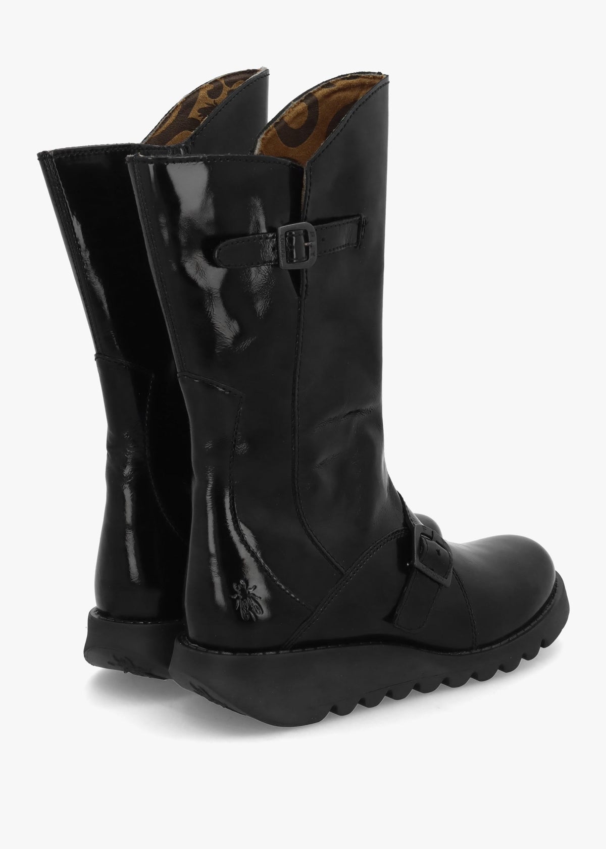 Mes II Black Patent Leather Low Wedge Calf Boots