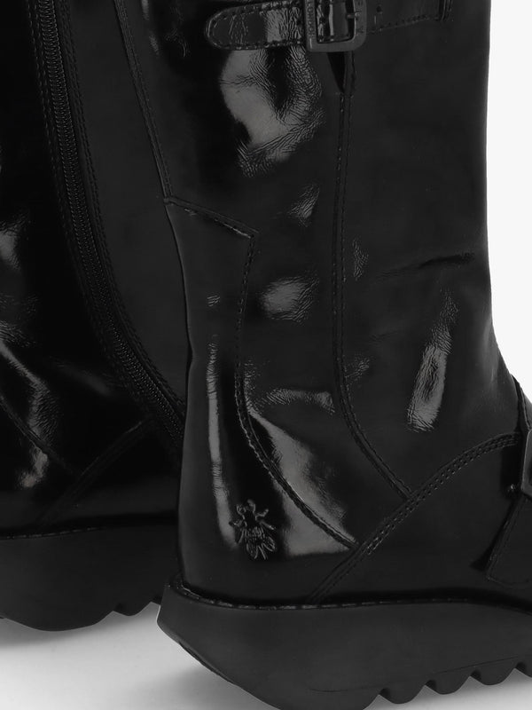 Mes II Black Patent Leather Low Wedge Calf Boots
