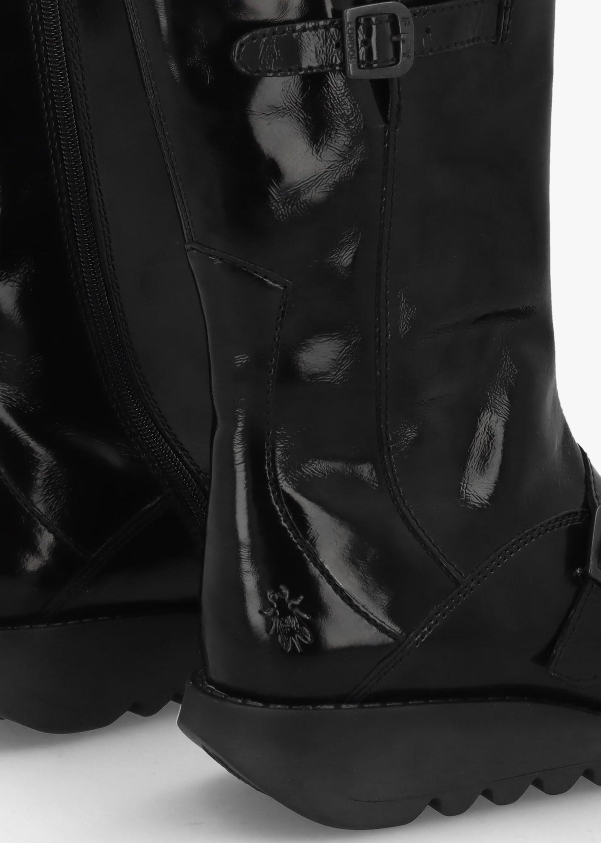 Mes II Black Patent Leather Low Wedge Calf Boots