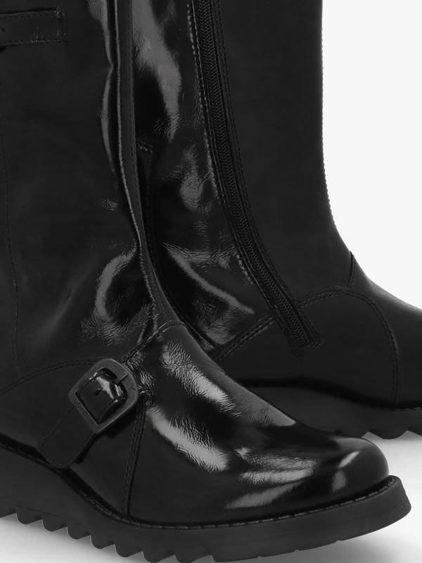 Mes II Black Patent Leather Low Wedge Calf Boots