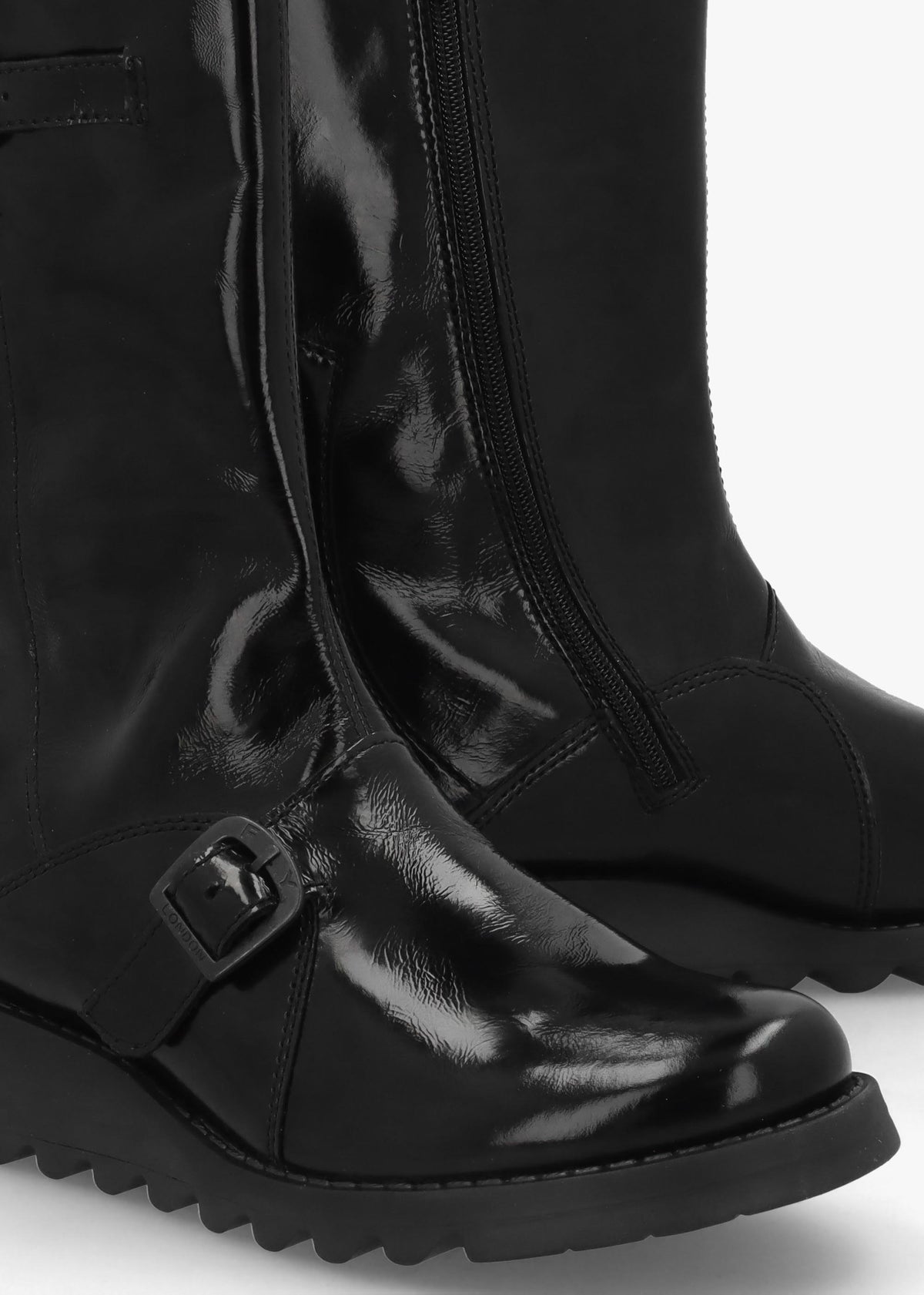 Mes II Black Patent Leather Low Wedge Calf Boots