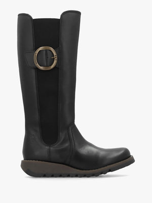 Soif Black Leather Low Wedge Knee Boots