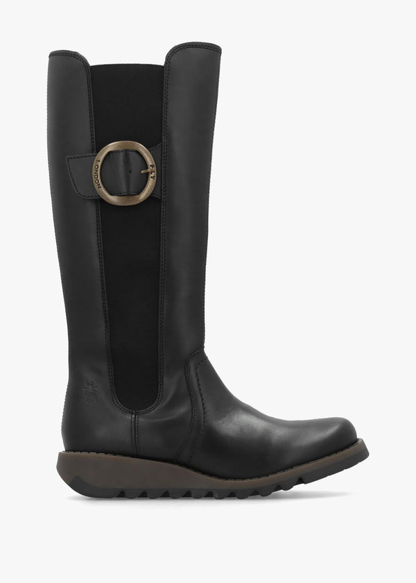 Soif Black Leather Low Wedge Knee Boots