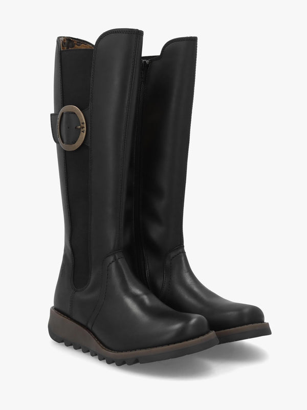 Soif Black Leather Low Wedge Knee Boots