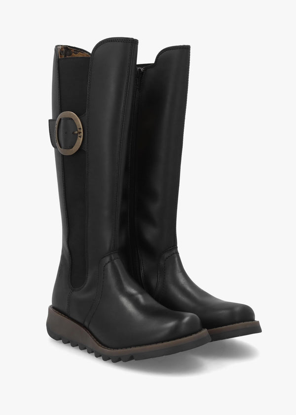 Soif Black Leather Low Wedge Knee Boots