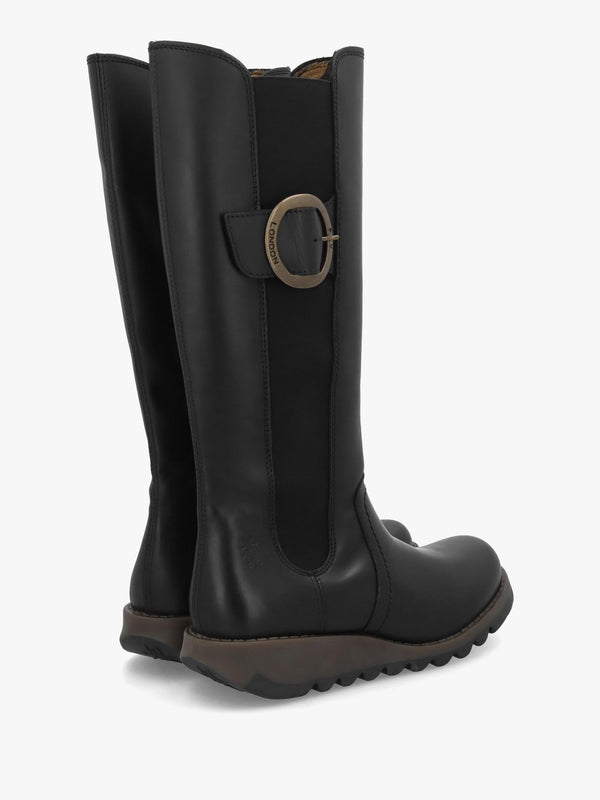 Soif Black Leather Low Wedge Knee Boots