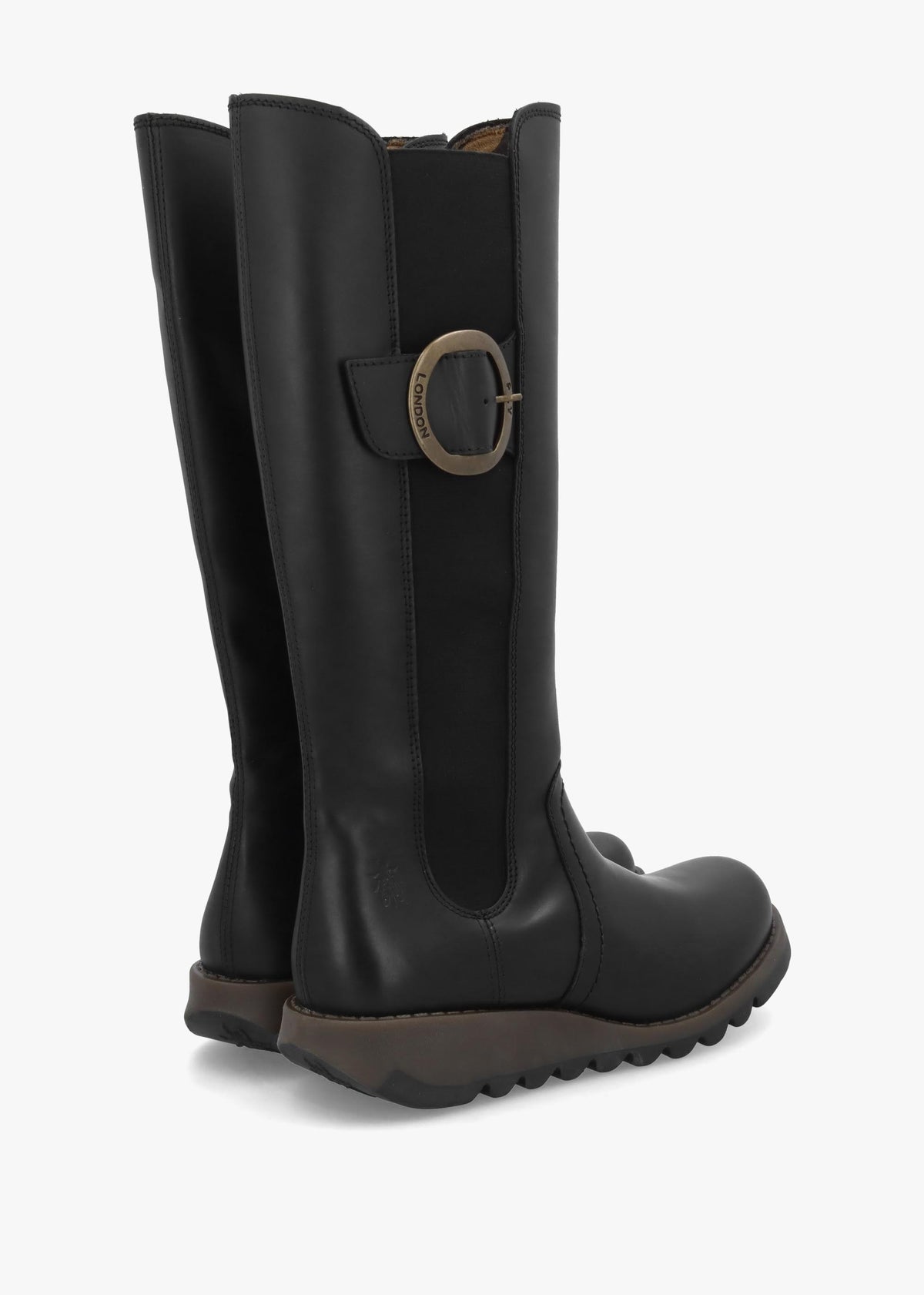 Soif Black Leather Low Wedge Knee Boots