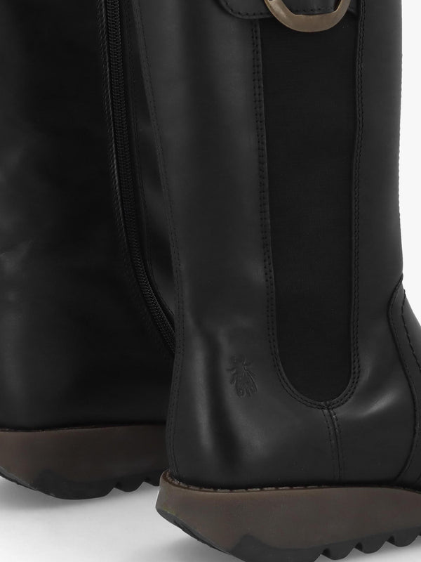 Soif Black Leather Low Wedge Knee Boots