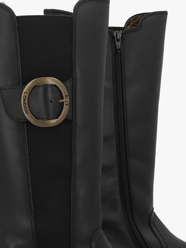 Soif Black Leather Low Wedge Knee Boots