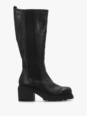 Erre Black Leather Block Heel Knee Boots