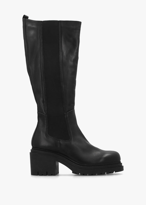 Erre Black Leather Block Heel Knee Boots