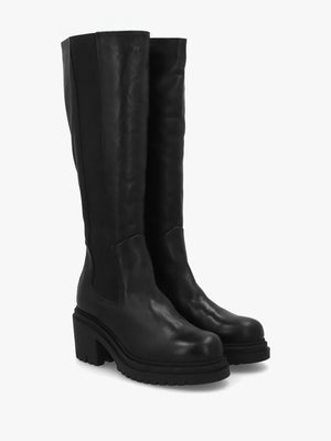 Erre Black Leather Block Heel Knee Boots