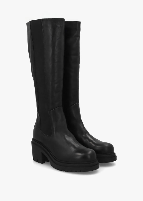 Erre Black Leather Block Heel Knee Boots