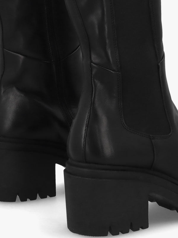 Erre Black Leather Block Heel Knee Boots