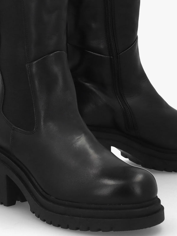 Erre Black Leather Block Heel Knee Boots