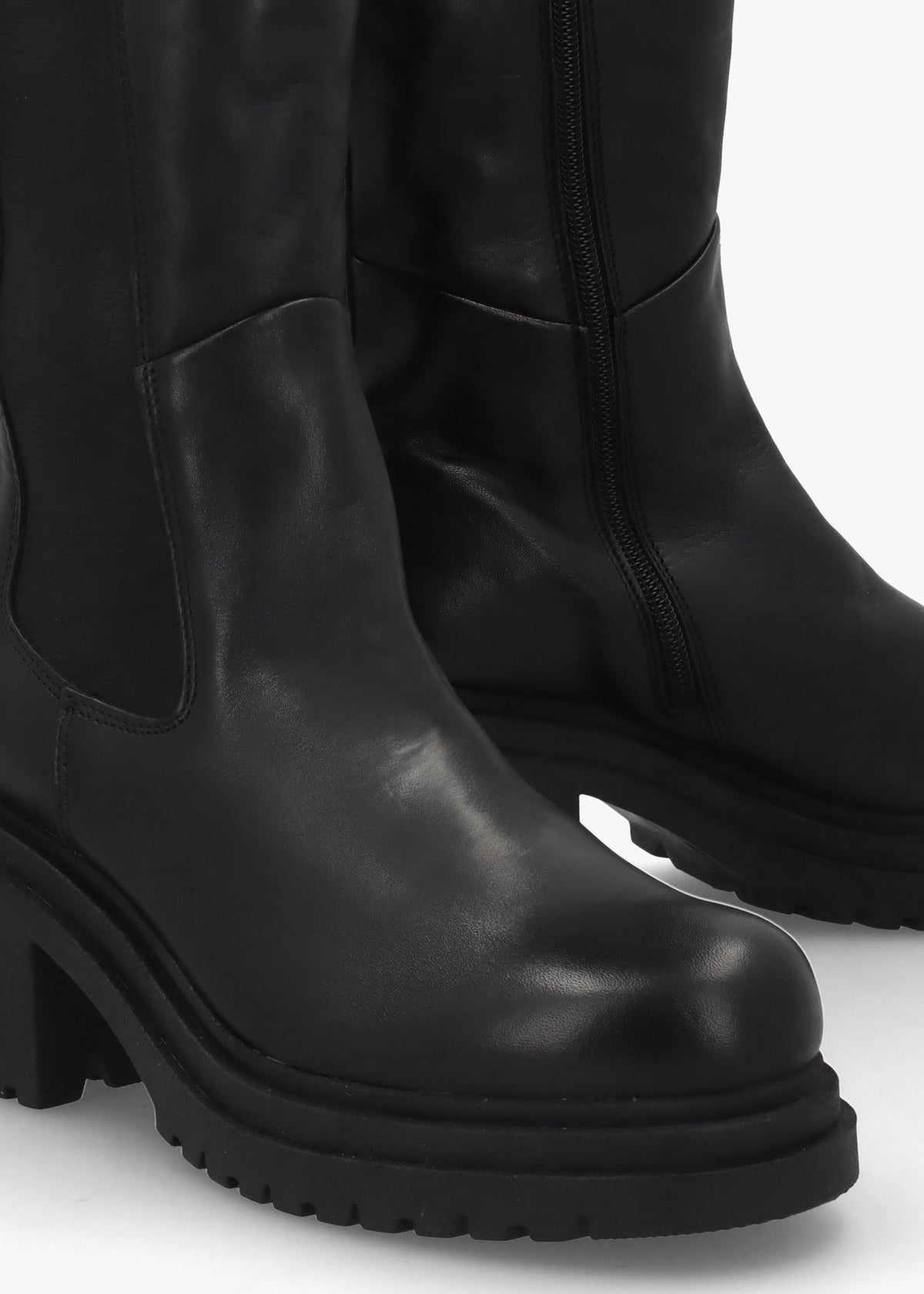 Erre Black Leather Block Heel Knee Boots