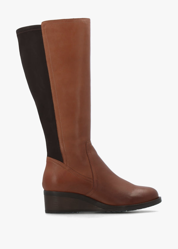 Rayna Tan Leather Low Wedge Knee Boots