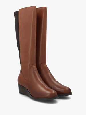 Rayna Tan Leather Low Wedge Knee Boots