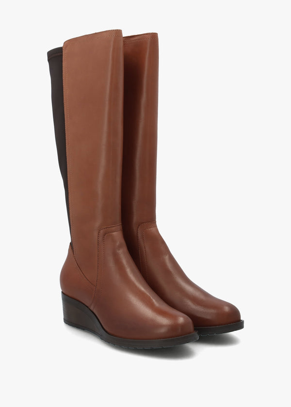 Rayna Tan Leather Low Wedge Knee Boots