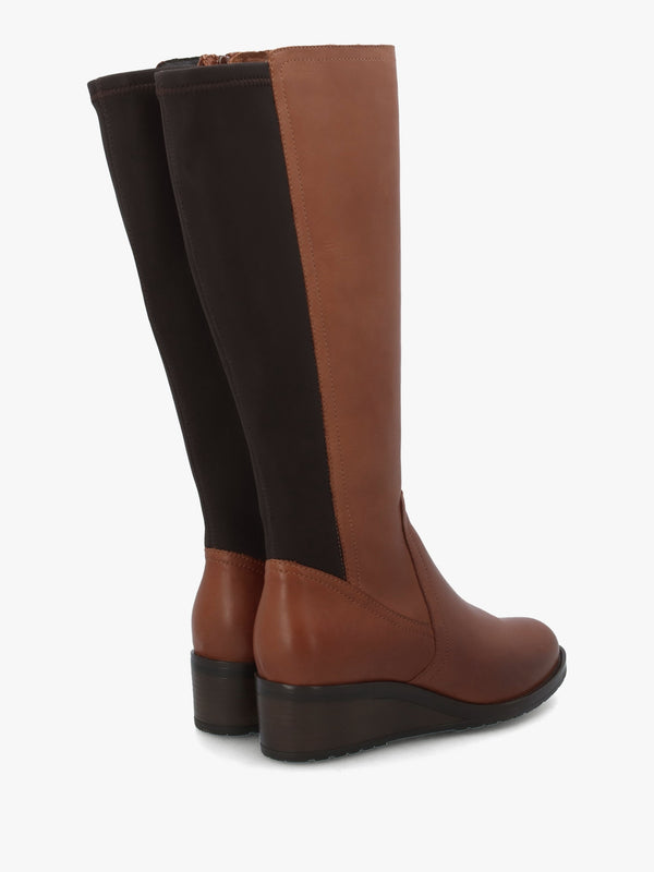 Rayna Tan Leather Low Wedge Knee Boots