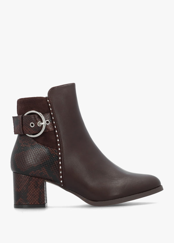 Panay Dark Brown Buckle Block Heel Ankle Boots