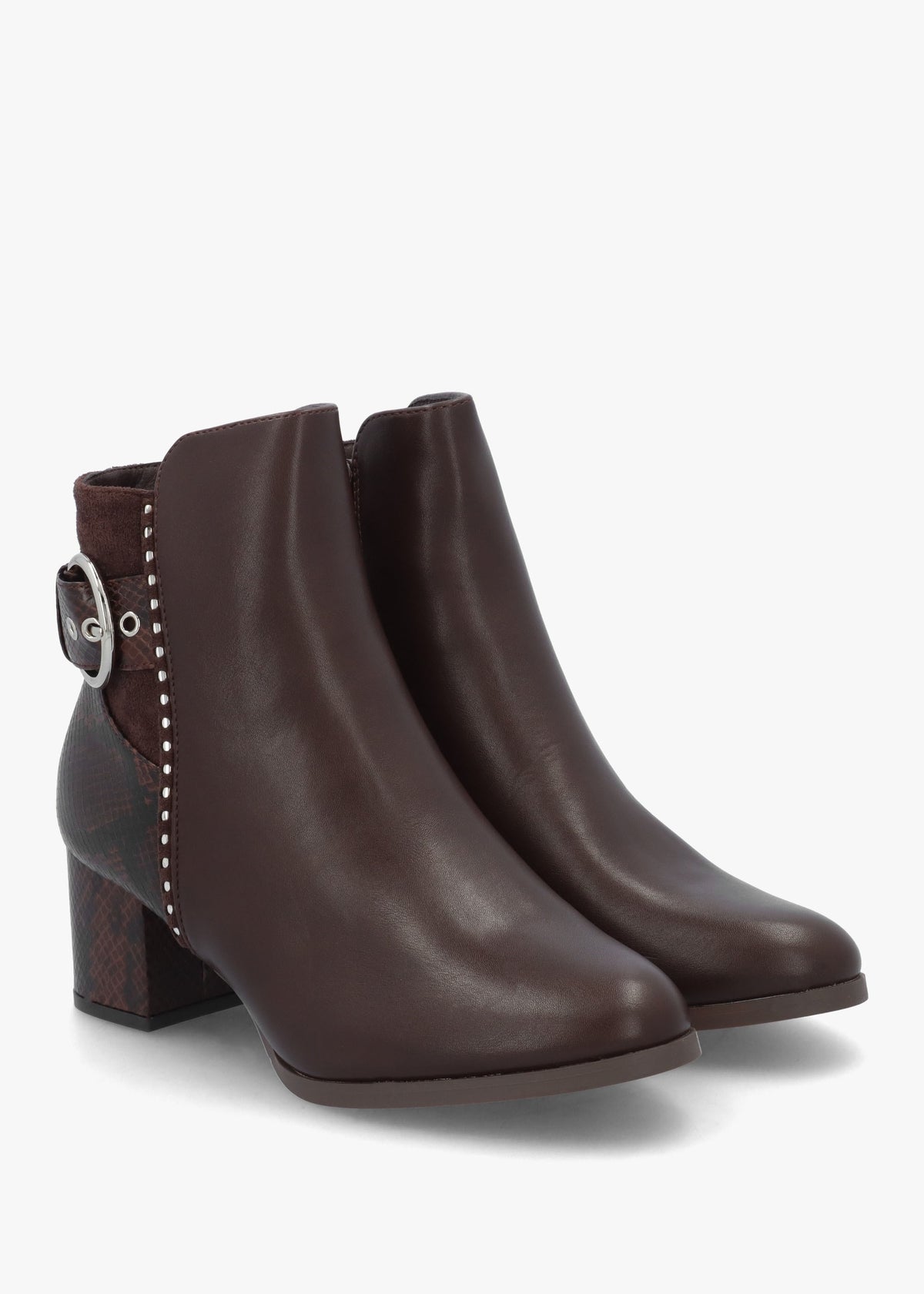 Panay Dark Brown Buckle Block Heel Ankle Boots