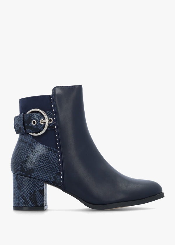 Panay Navy Buckle Block Heel Ankle Boots