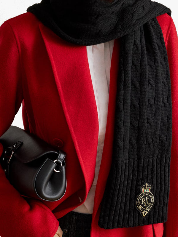 Crest-Patch Black Cable Knit Scarf