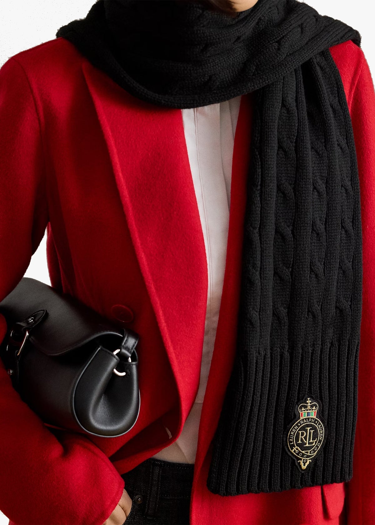Crest-Patch Black Cable Knit Scarf
