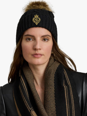 Cable-Patch Pom Pom Black Cable Knit Beanie Hat