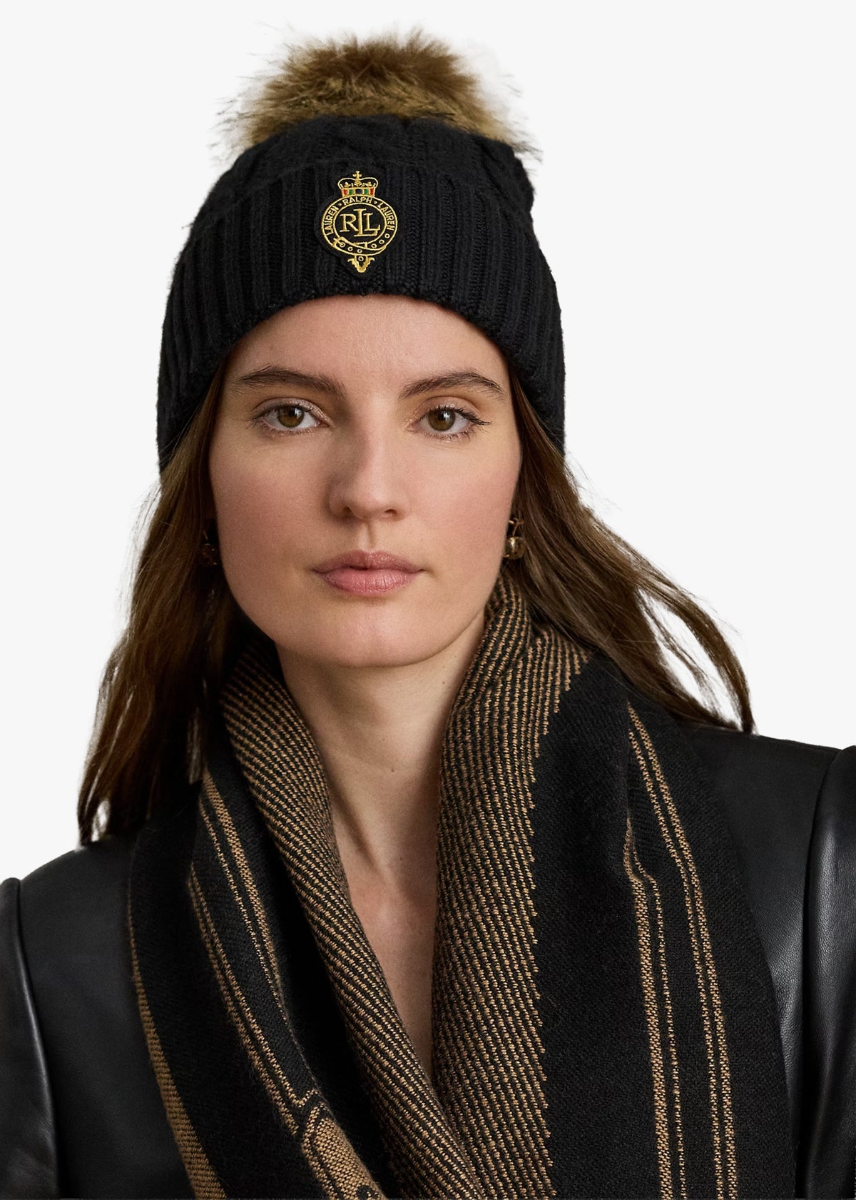 Cable-Patch Pom Pom Black Cable Knit Beanie Hat