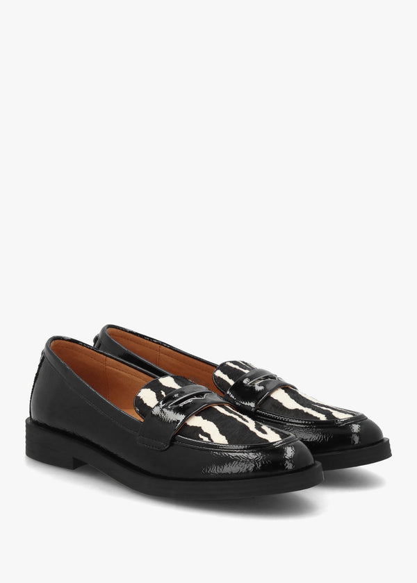 Fumia Black Patent Leather Zebra Pony Hair Loafers