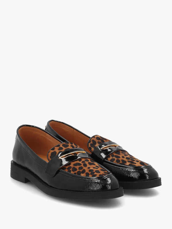 Fumia Black Patent Leather Leopard Pony Hair Loafers
