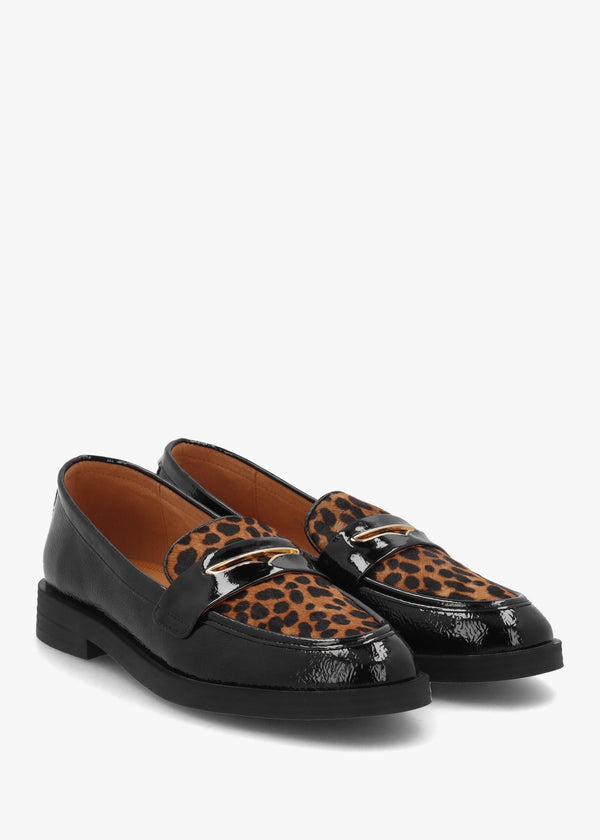 Fumia Black Patent Leather Leopard Pony Hair Loafers