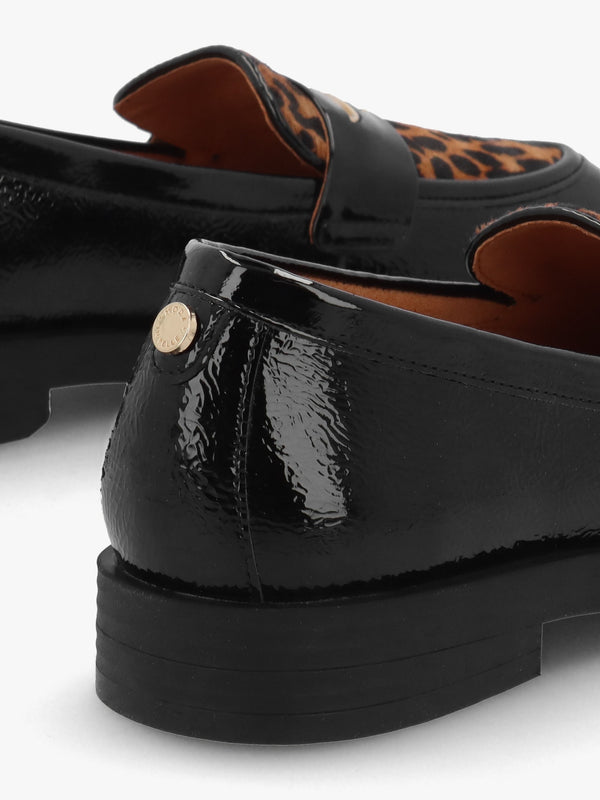 Fumia Black Patent Leather Leopard Pony Hair Loafers