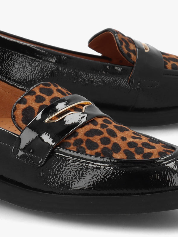Fumia Black Patent Leather Leopard Pony Hair Loafers